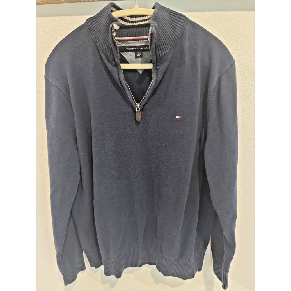 Tommy Hilfiger Pull Over Sweater Men's XL 1/4 Zip Up Mock Neck Navy Blue - Picture 1 of 7